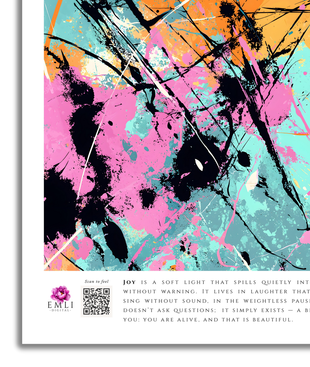Energetic splatter-style print in orange, turquoise, pink and black — bold and expressive, a digital print full of movement and emotion.