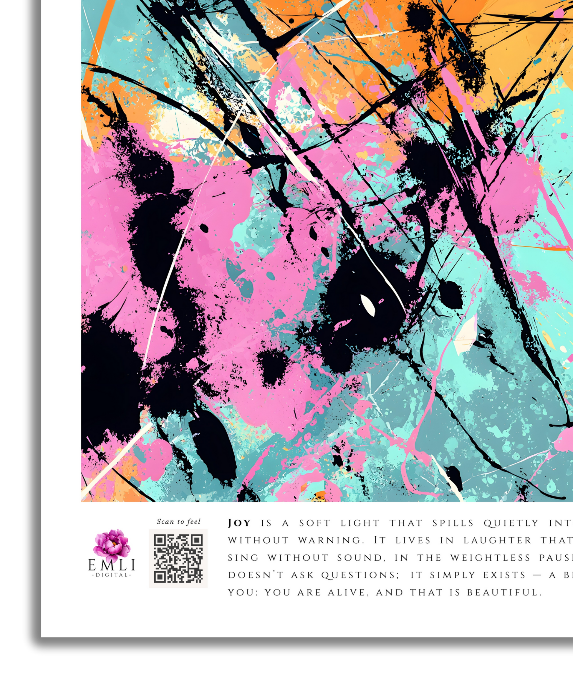 Energetic splatter-style print in orange, turquoise, pink and black — bold and expressive, a digital print full of movement and emotion.