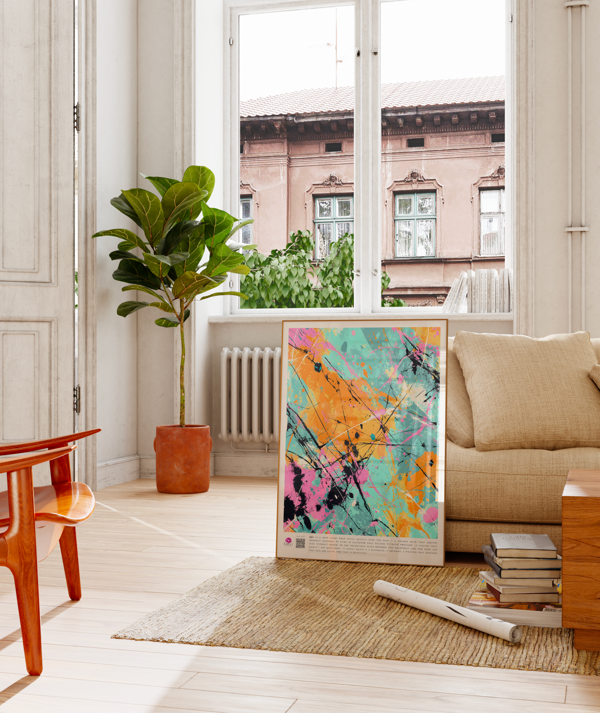Energetic splatter-style print in orange, turquoise, pink and black — bold and expressive, a digital print full of movement and emotion.