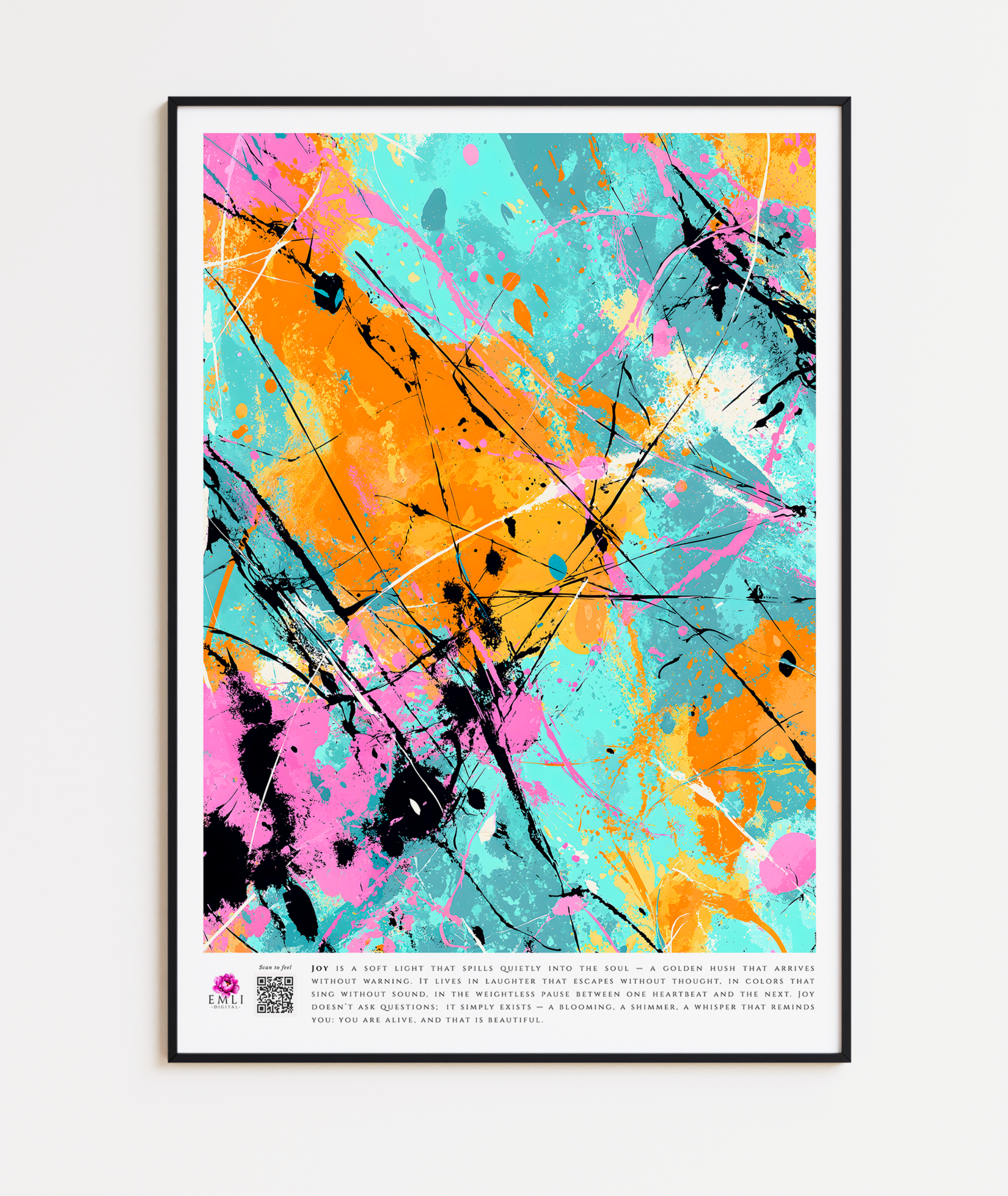 Energetic splatter-style print in orange, turquoise, pink and black — bold and expressive, a digital print full of movement and emotion.