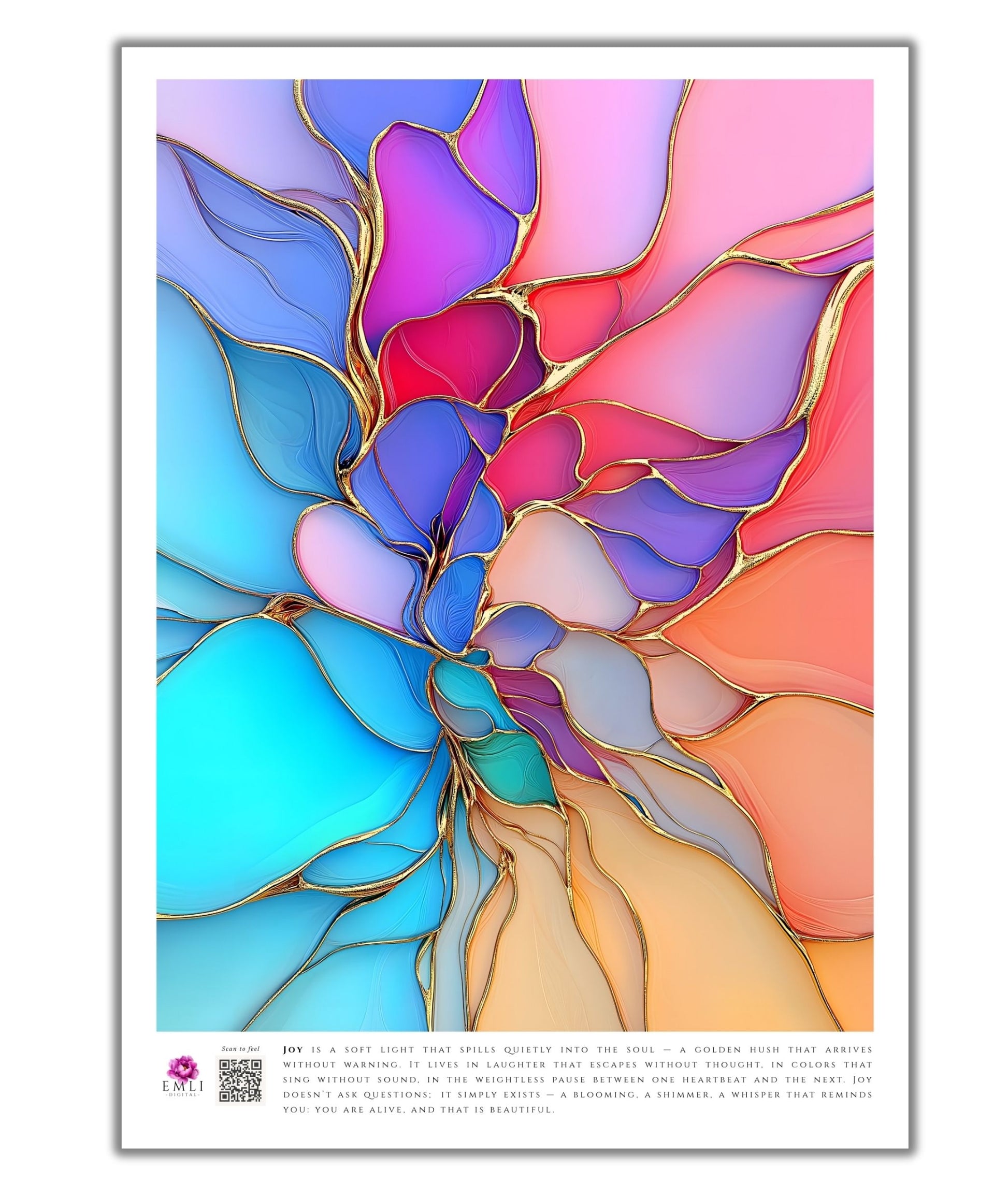 Digital abstract print of layered translucent petals in violet, blue and gold — a fluid, blooming composition that radiates gentle joy.
