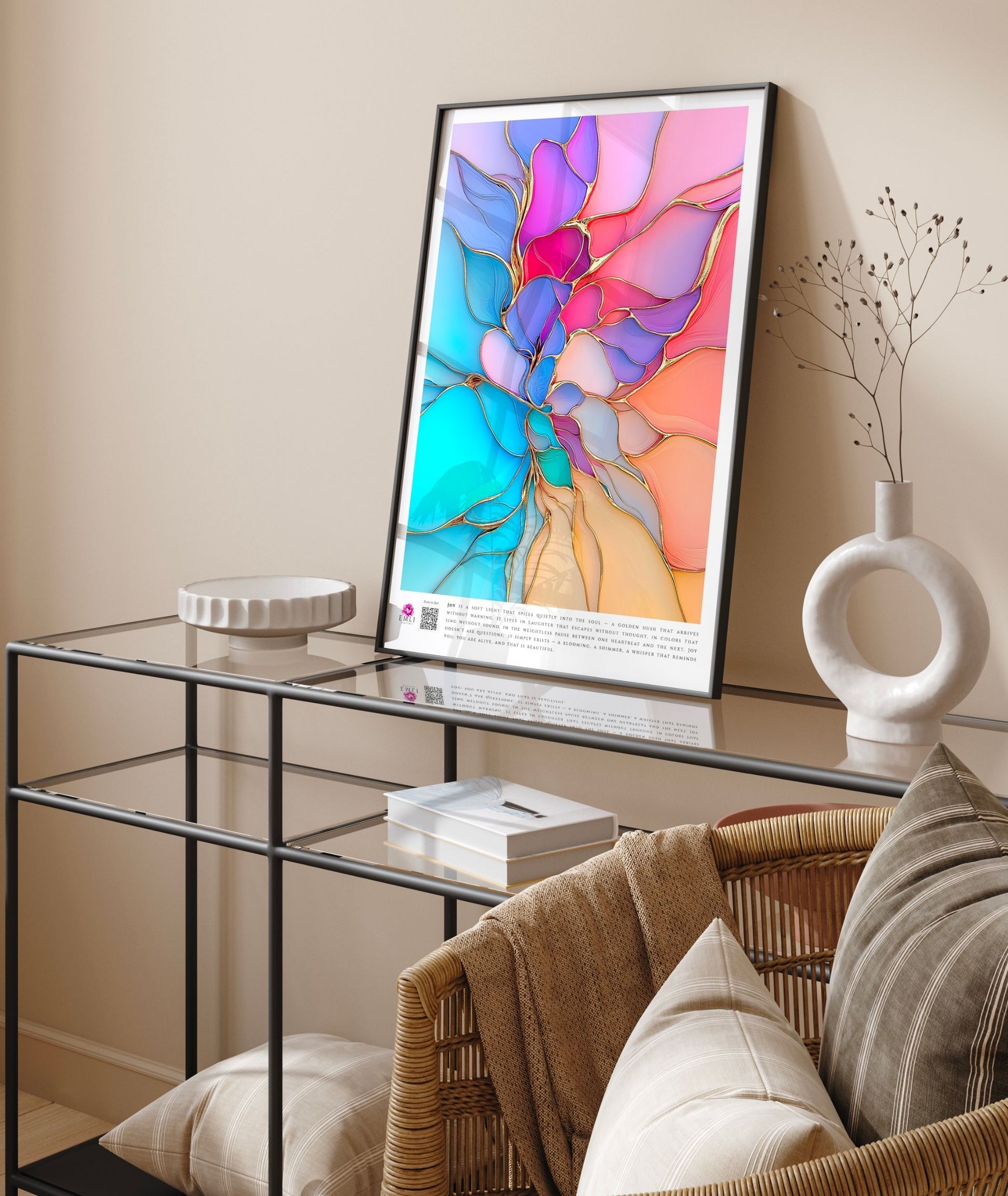 Digital abstract print of layered translucent petals in violet, blue and gold — a fluid, blooming composition that radiates gentle joy.