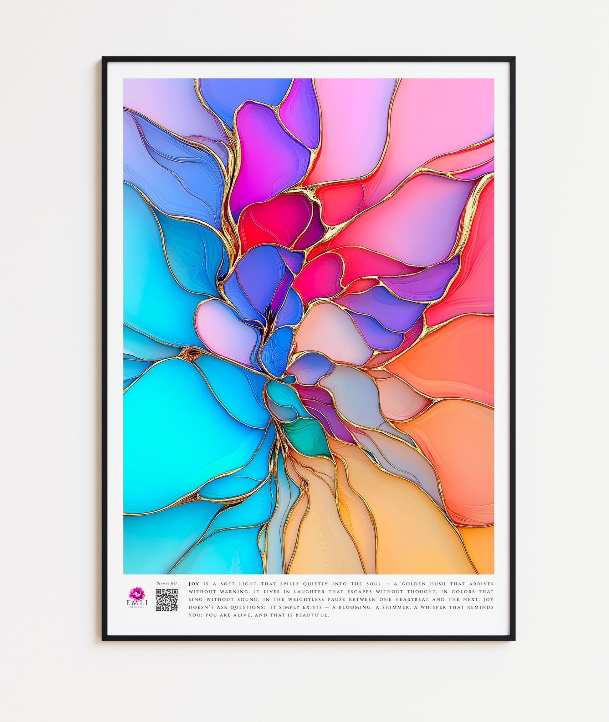 Digital abstract print of layered translucent petals in violet, blue and gold — a fluid, blooming composition that radiates gentle joy.