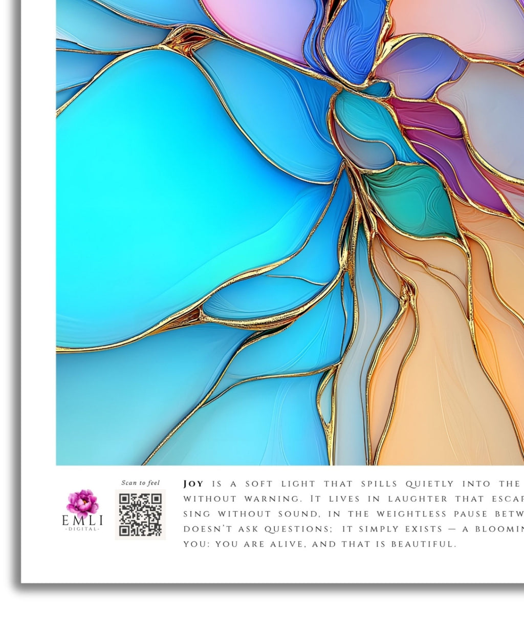 Digital abstract print of layered translucent petals in violet, blue and gold — a fluid, blooming composition that radiates gentle joy.