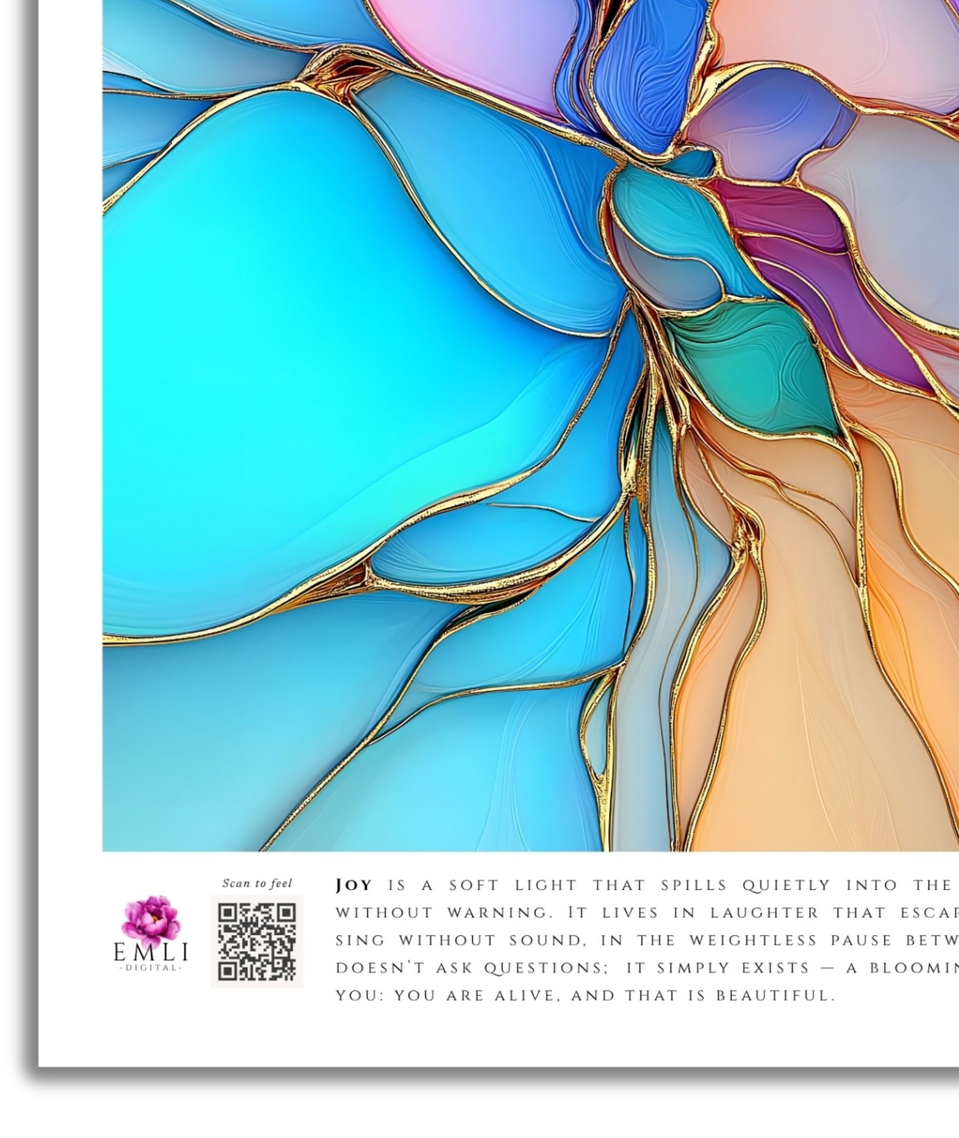 Digital abstract print of layered translucent petals in violet, blue and gold — a fluid, blooming composition that radiates gentle joy.