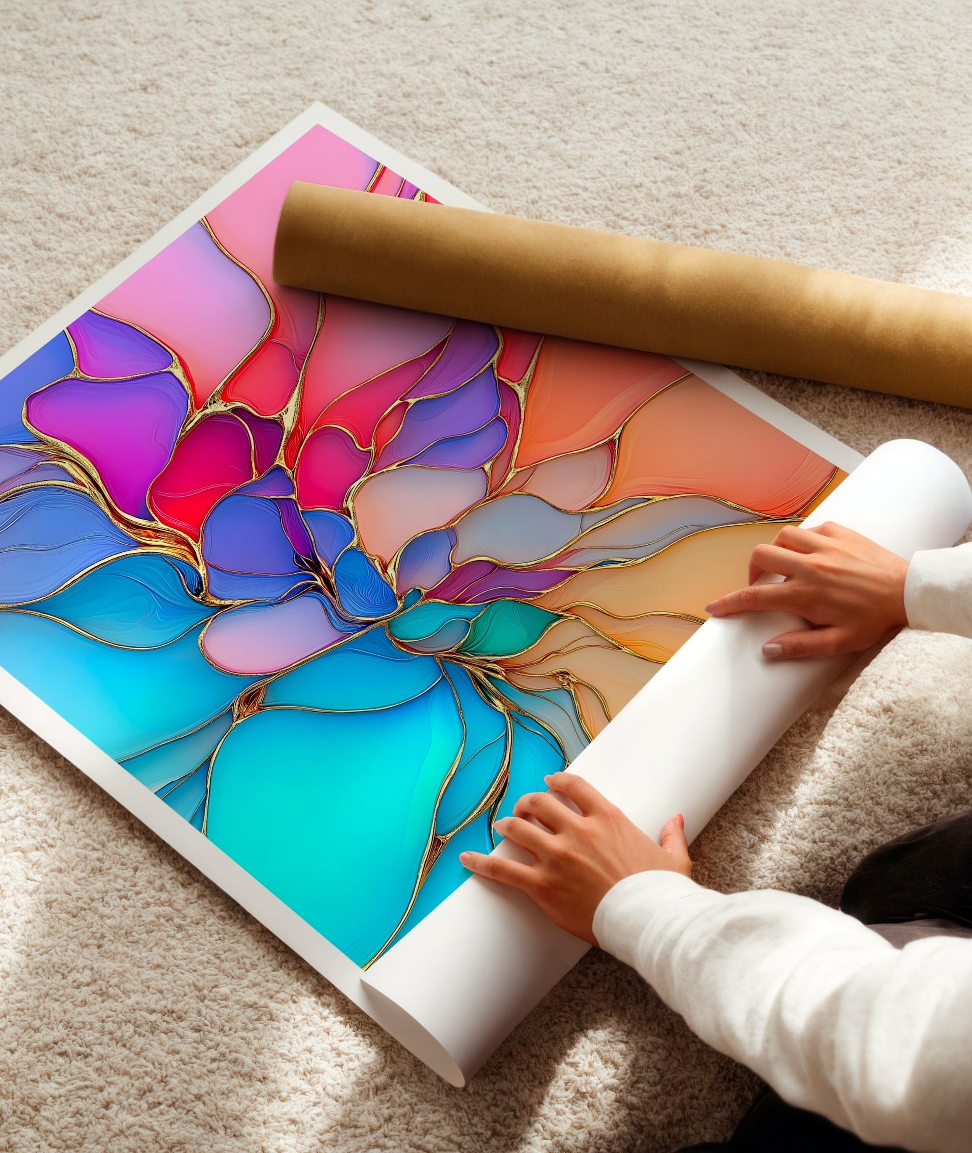 Digital abstract print of layered translucent petals in violet, blue and gold — a fluid, blooming composition that radiates gentle joy.