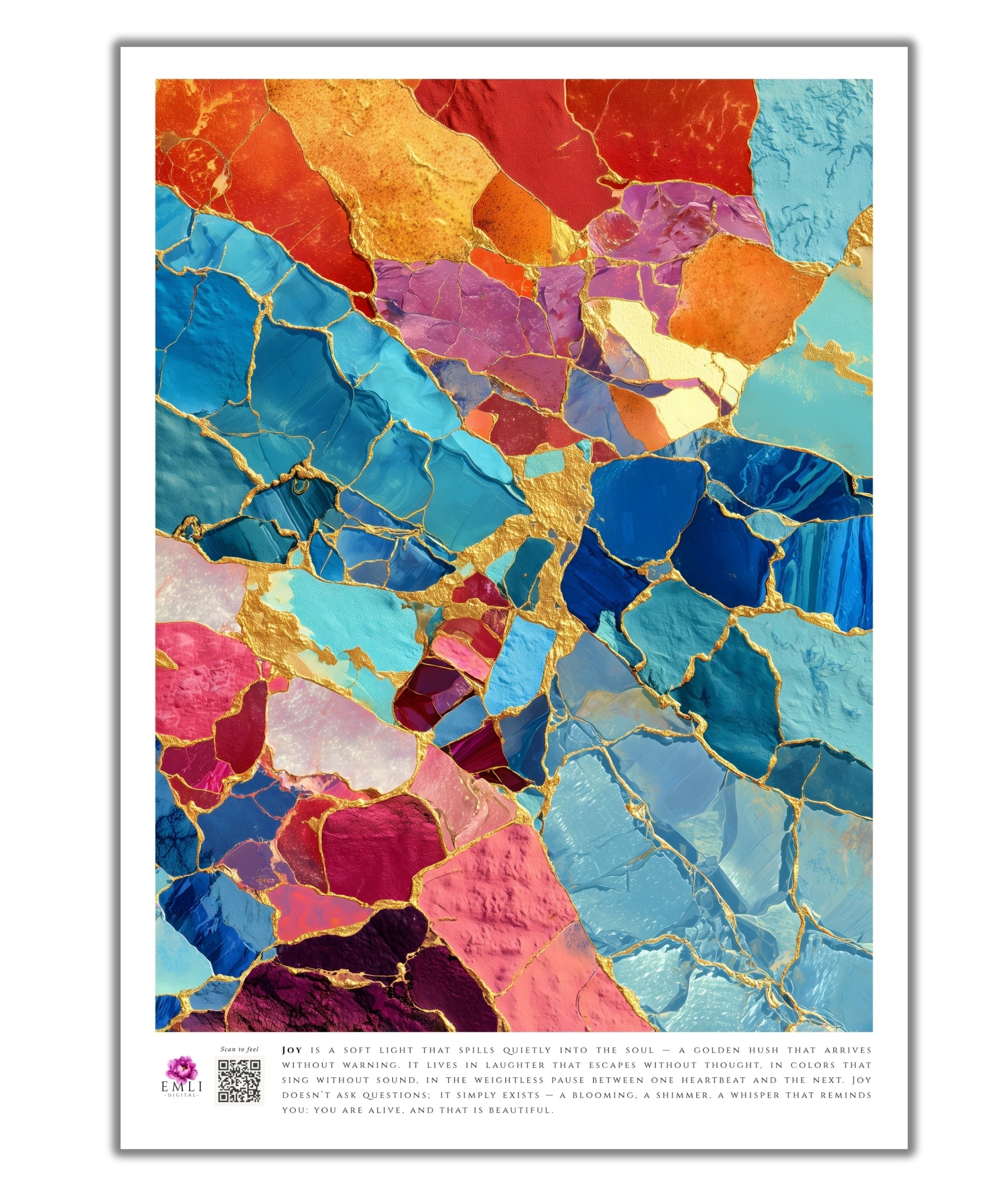 Textured mosaic print with rich colors and golden cracks — inspired by kintsugi, a digital piece that turns imperfection into vibrant beauty.