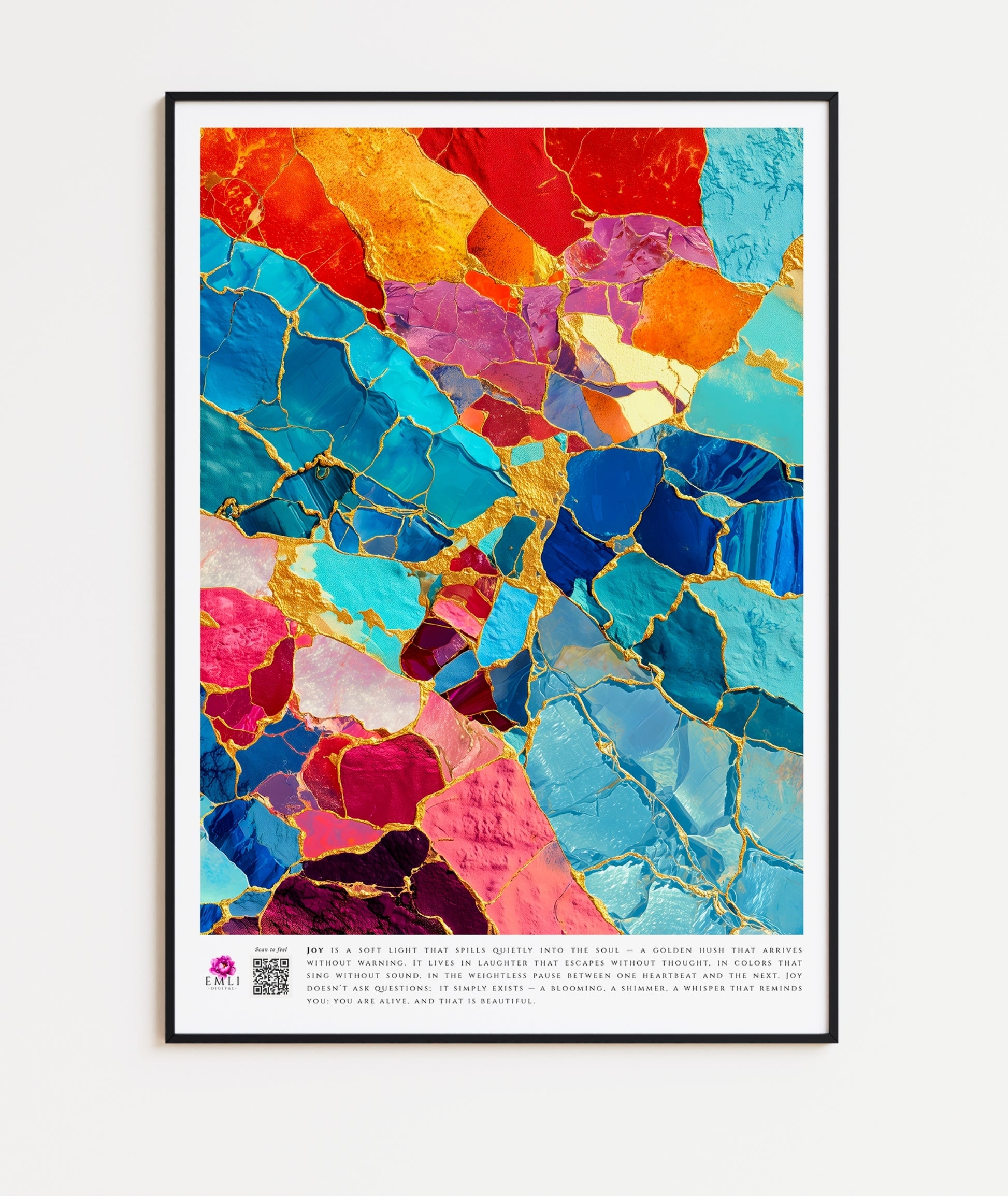 Textured mosaic print with rich colors and golden cracks — inspired by kintsugi, a digital piece that turns imperfection into vibrant beauty.