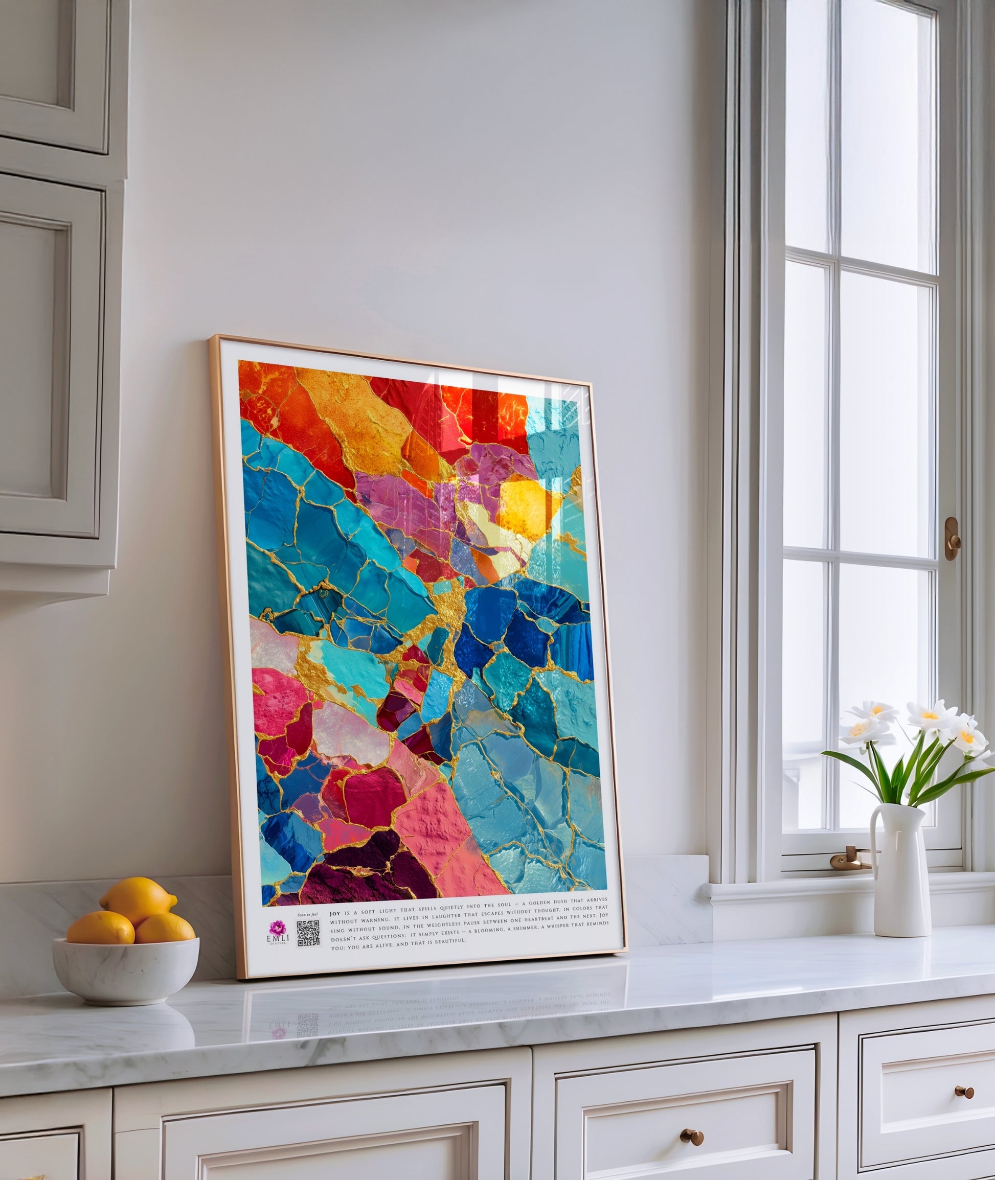 Textured mosaic print with rich colors and golden cracks — inspired by kintsugi, a digital piece that turns imperfection into vibrant beauty.