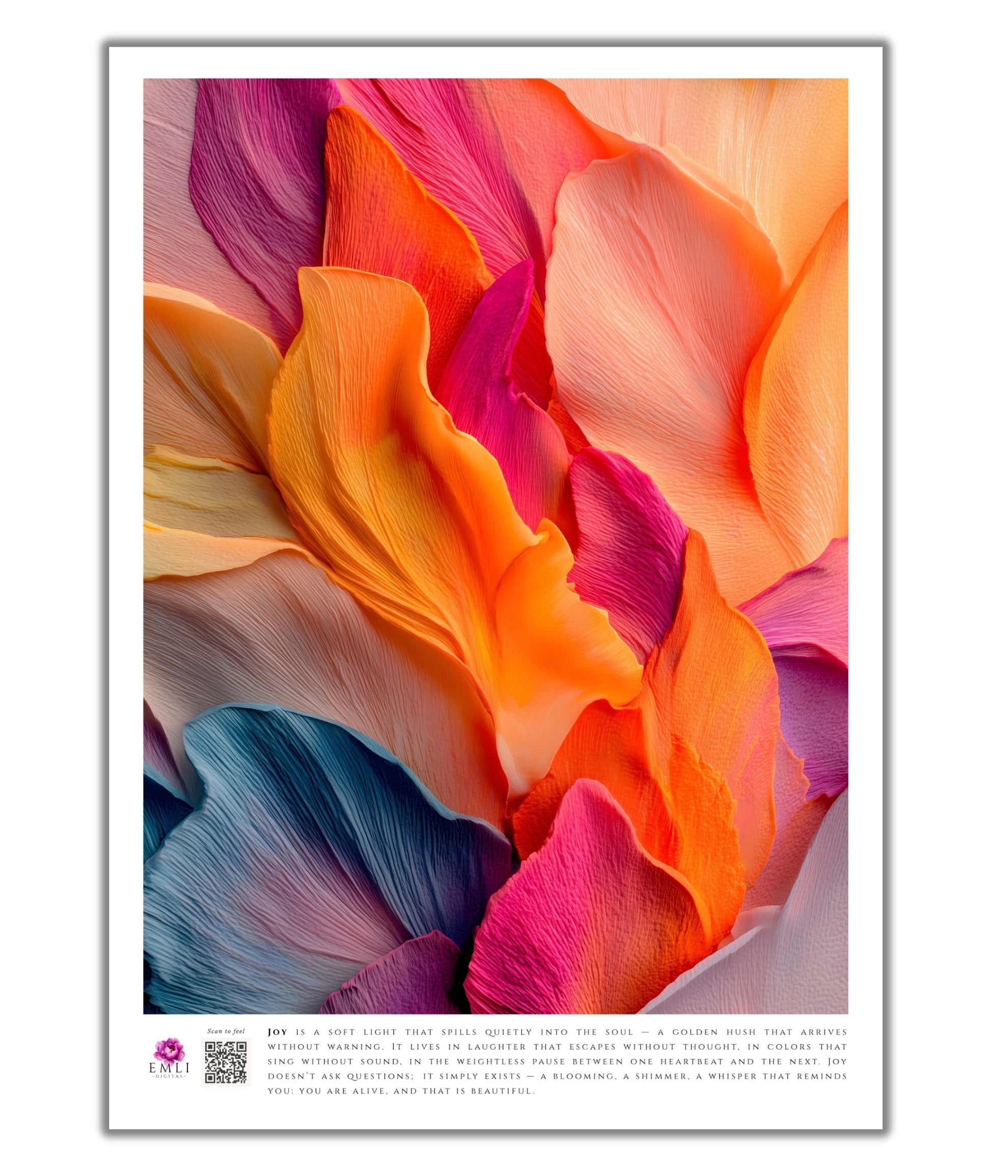 Digital artwork of soft, wavy petals in orange, coral and navy — a tender, emotional print that evokes quiet warmth and joy.