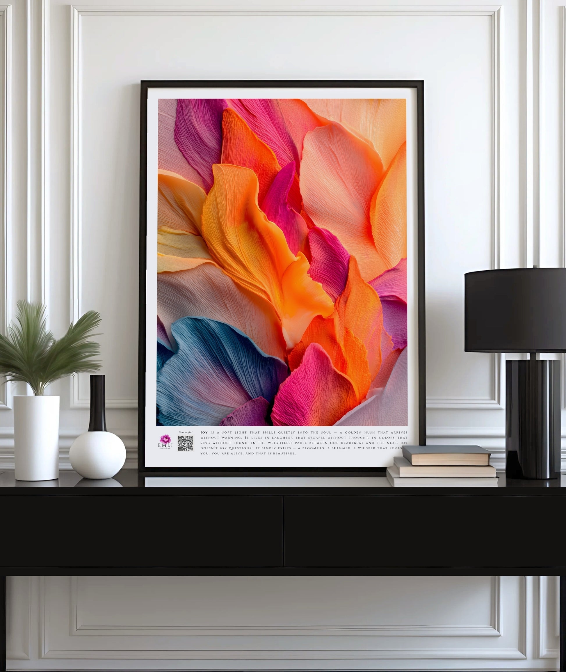 Digital artwork of soft, wavy petals in orange, coral and navy — a tender, emotional print that evokes quiet warmth and joy.
