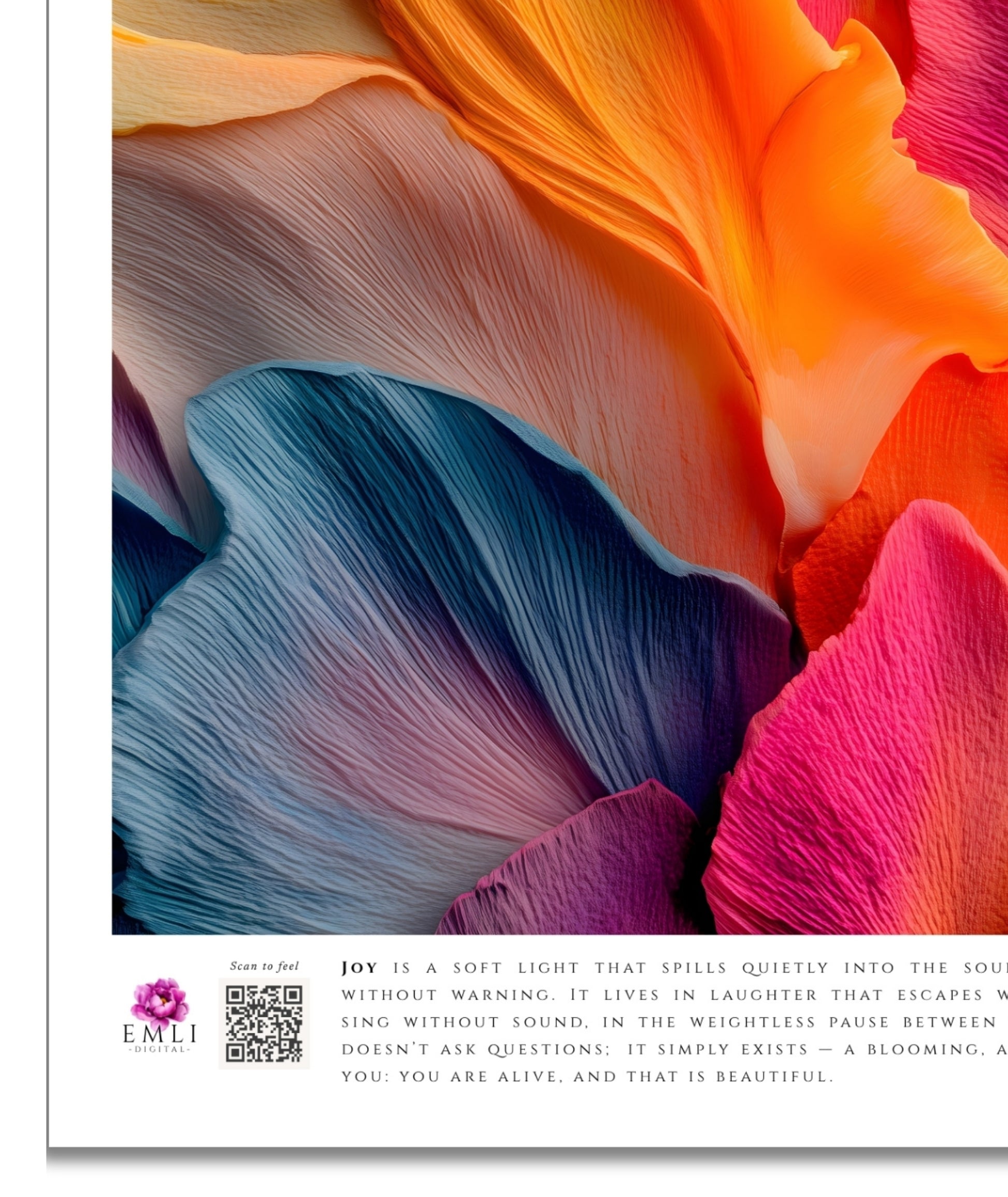 Digital artwork of soft, wavy petals in orange, coral and navy — a tender, emotional print that evokes quiet warmth and joy.