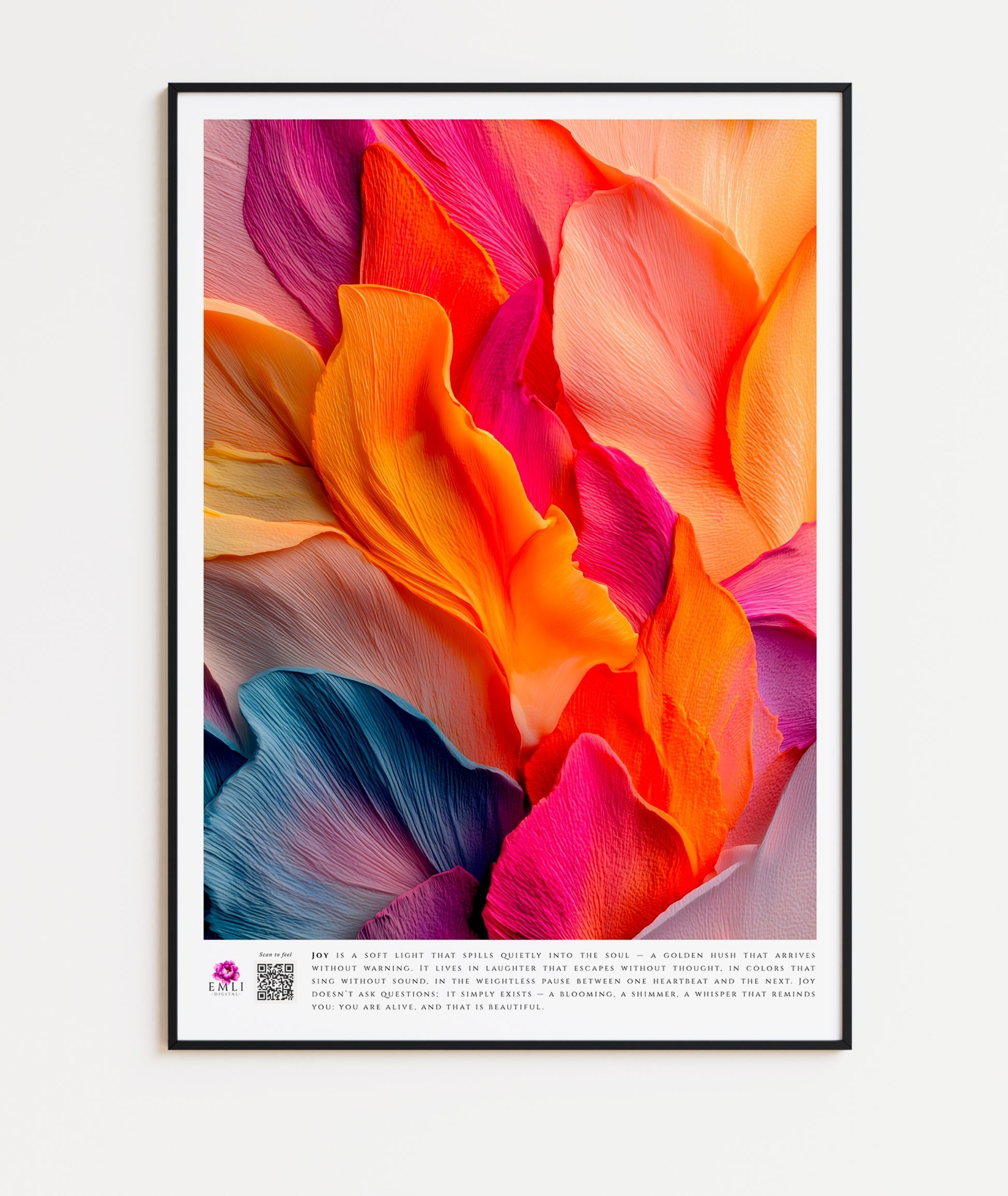 Digital artwork of soft, wavy petals in orange, coral and navy — a tender, emotional print that evokes quiet warmth and joy.