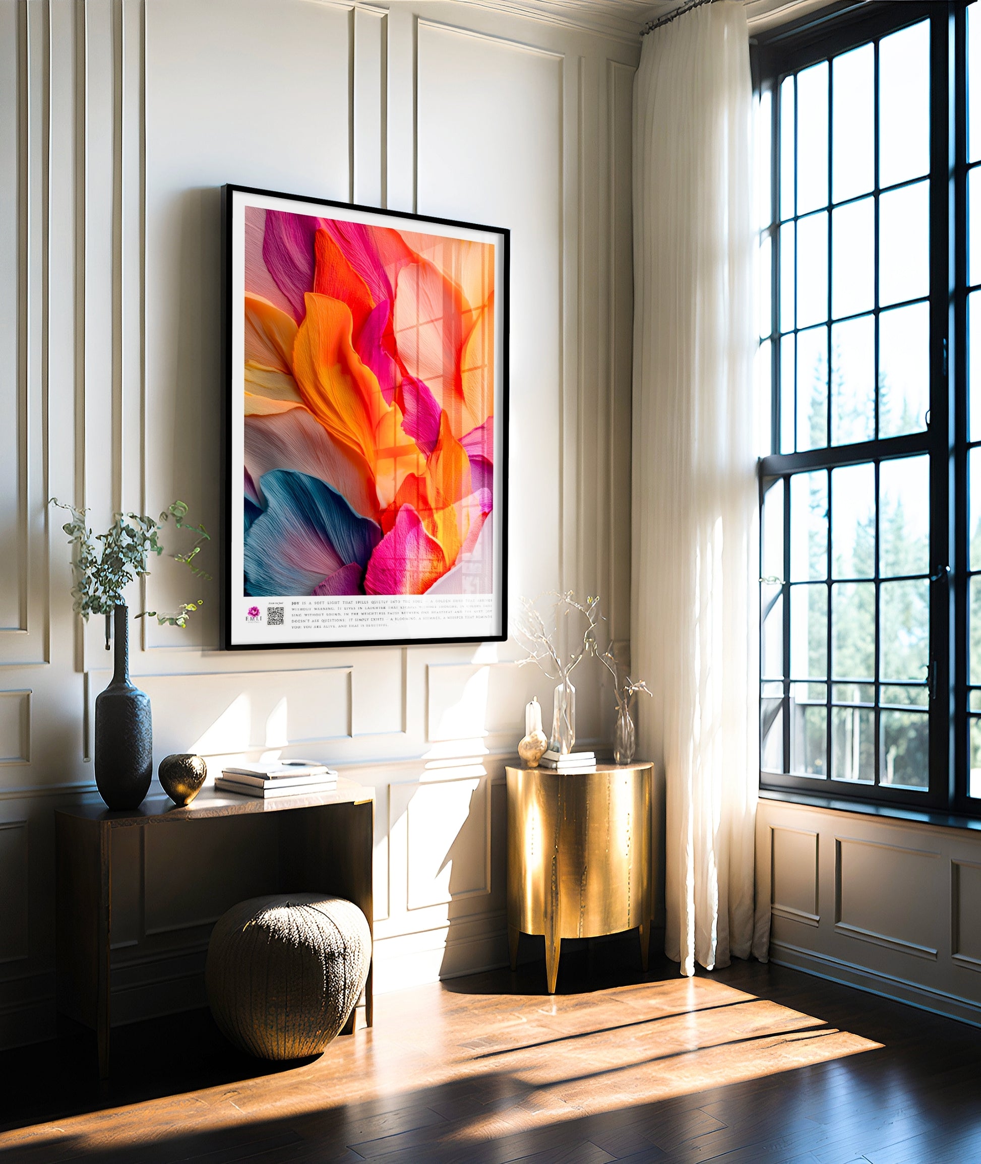 Digital artwork of soft, wavy petals in orange, coral and navy — a tender, emotional print that evokes quiet warmth and joy.