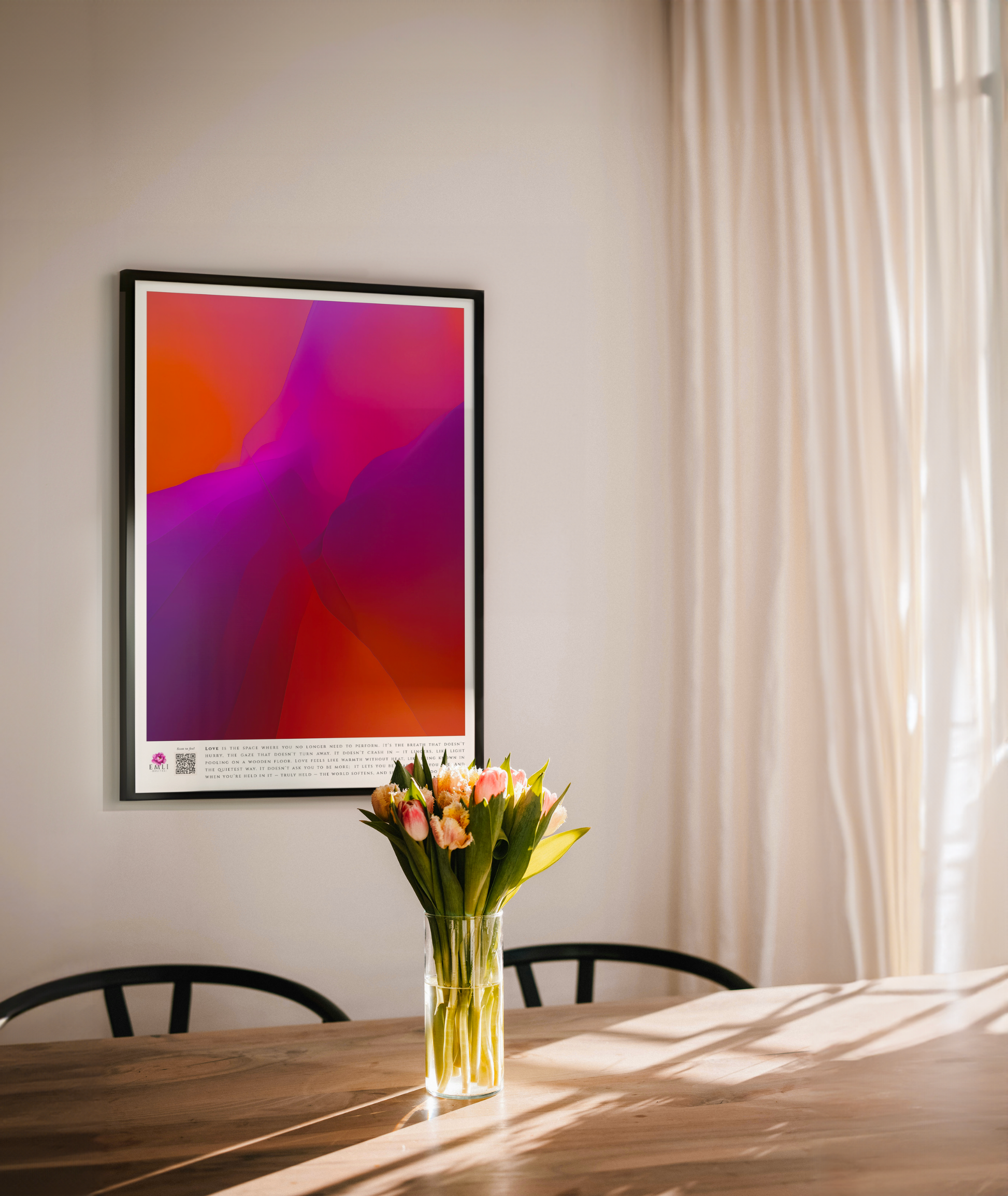 Gradient digital artwork in rich pink, red, orange, and violet tones — smooth abstract curves evoke passion, depth, and emotional intensity.
