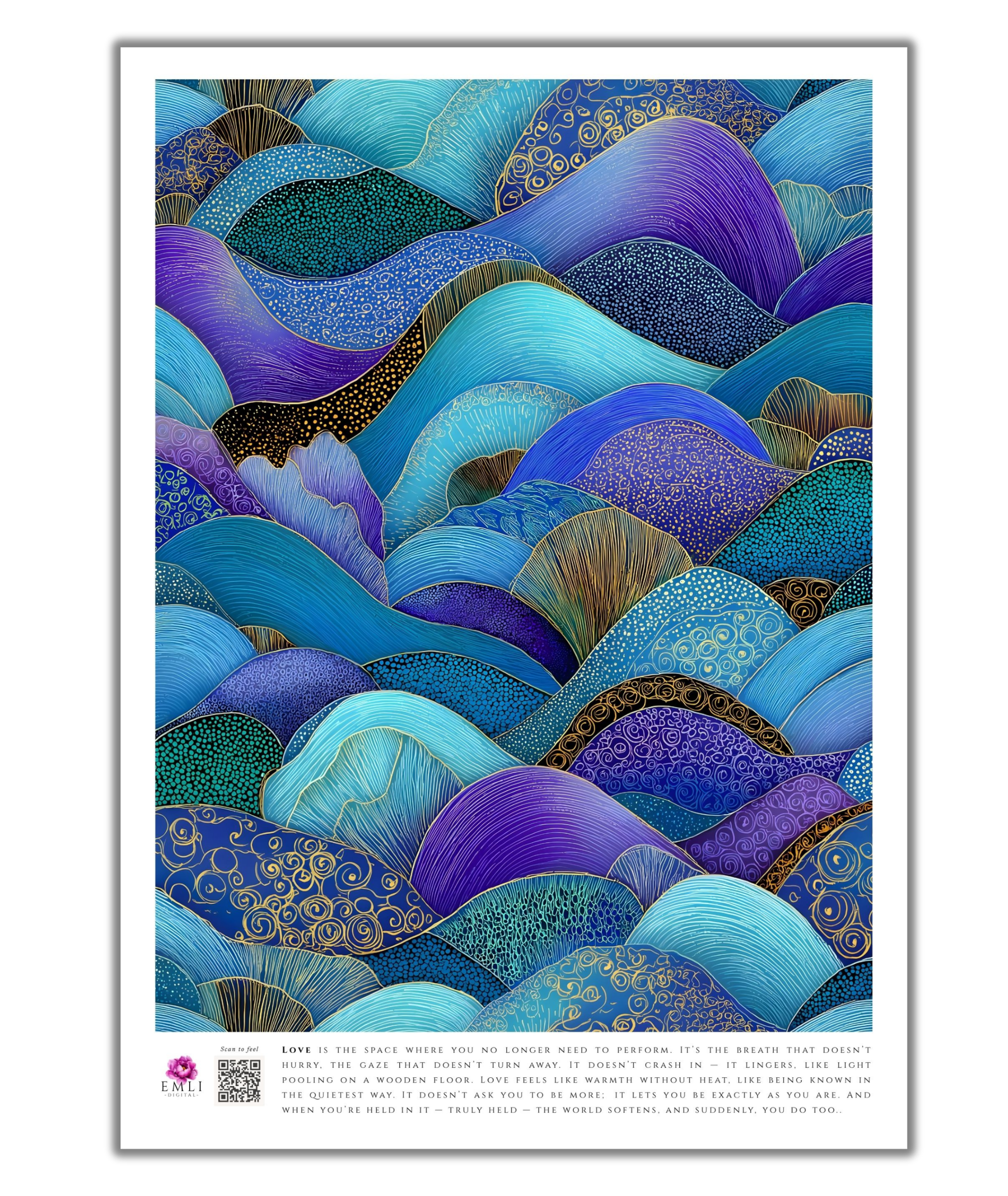 Illustrated digital waves in shades of turquoise, indigo and gold — a textured, intricate pattern that radiates romantic elegance and timeless beauty.