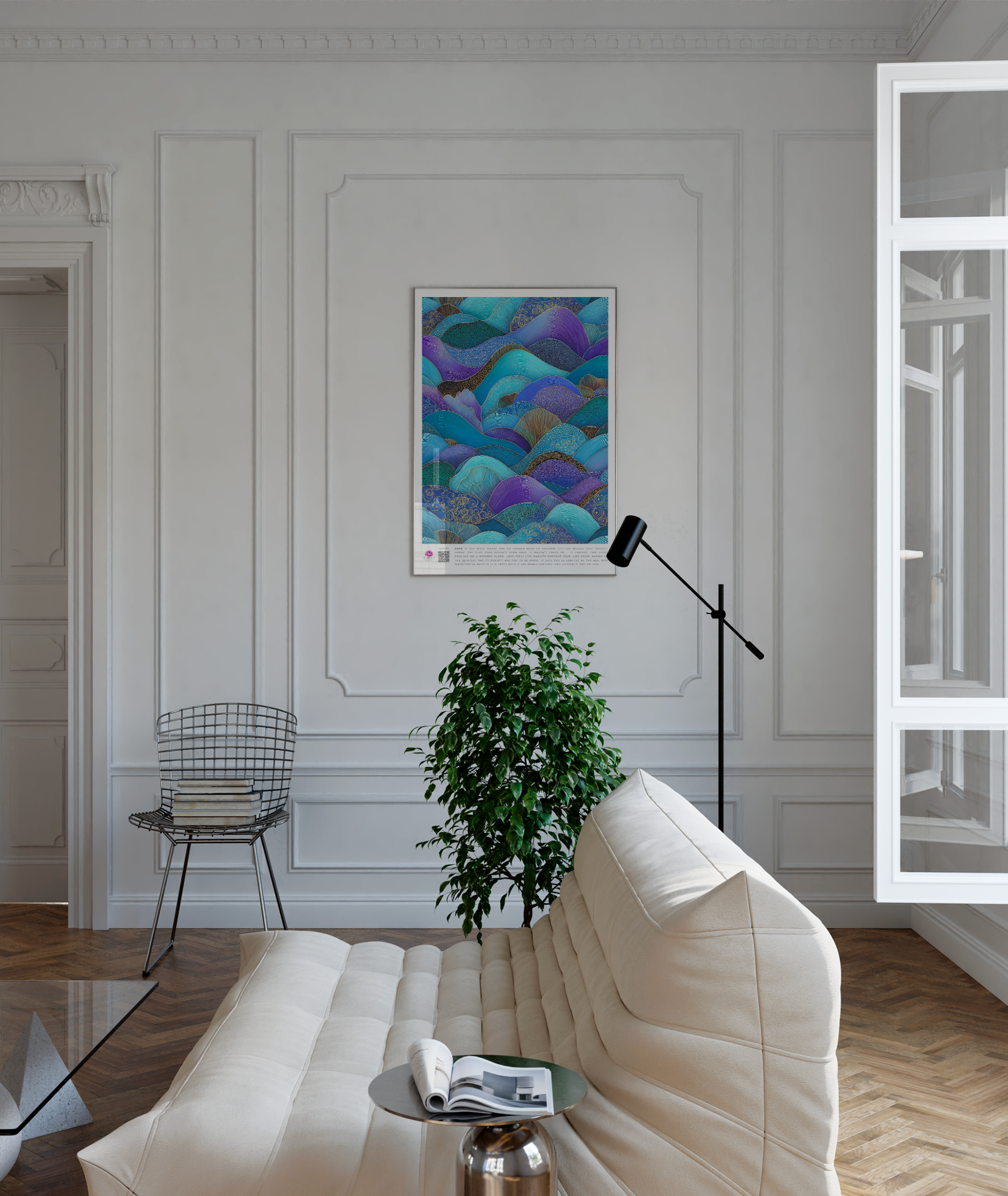 Illustrated digital waves in shades of turquoise, indigo and gold — a textured, intricate pattern that radiates romantic elegance and timeless beauty.