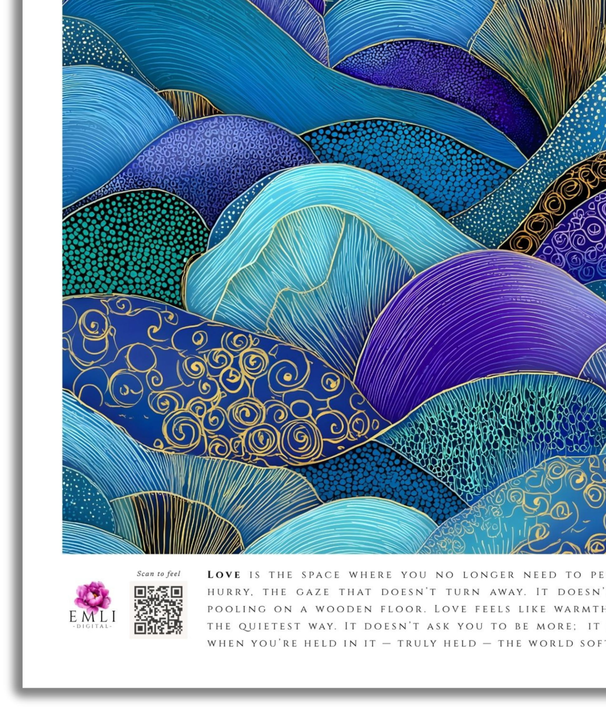 Illustrated digital waves in shades of turquoise, indigo and gold — a textured, intricate pattern that radiates romantic elegance and timeless beauty.