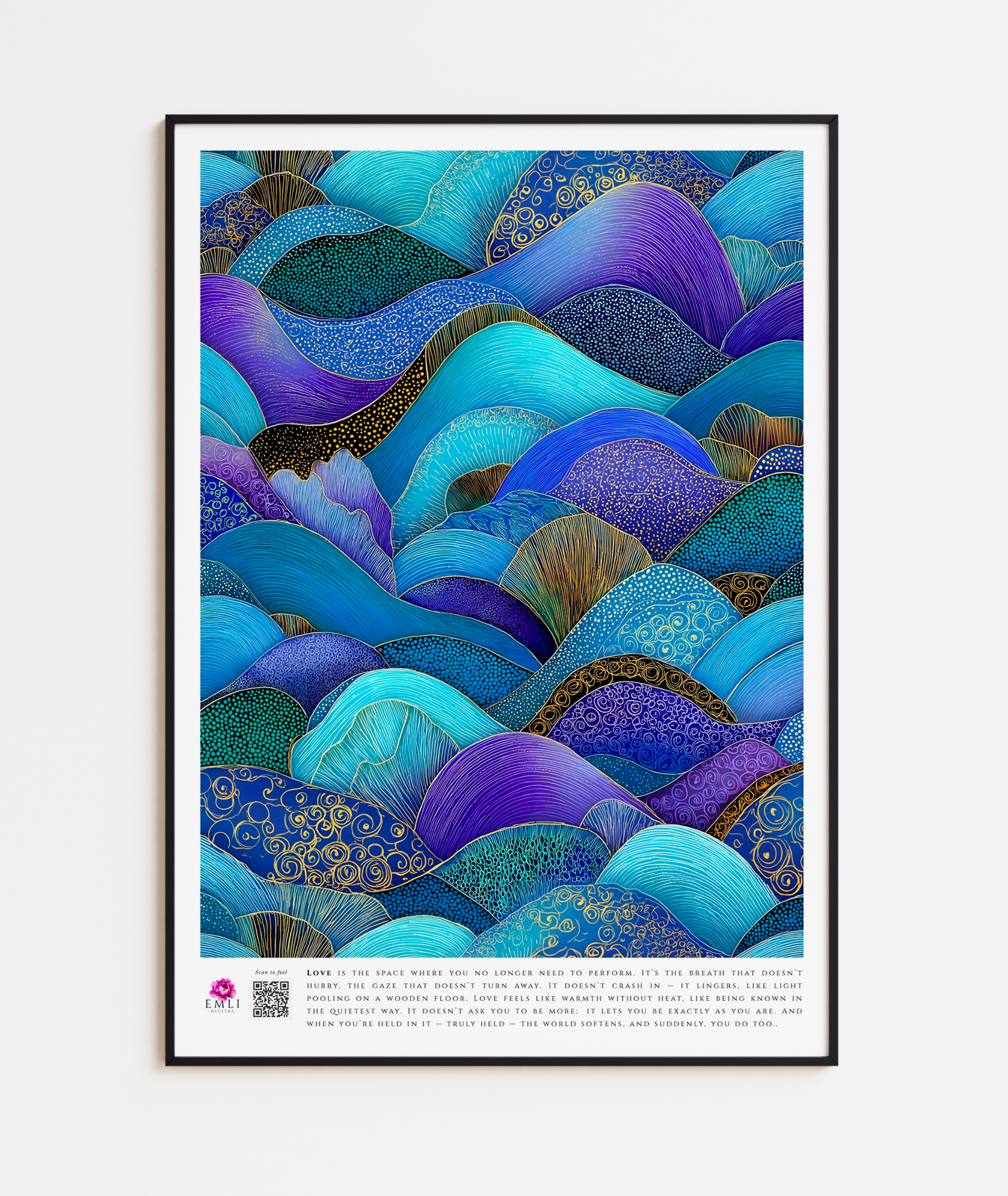 Illustrated digital waves in shades of turquoise, indigo and gold — a textured, intricate pattern that radiates romantic elegance and timeless beauty.