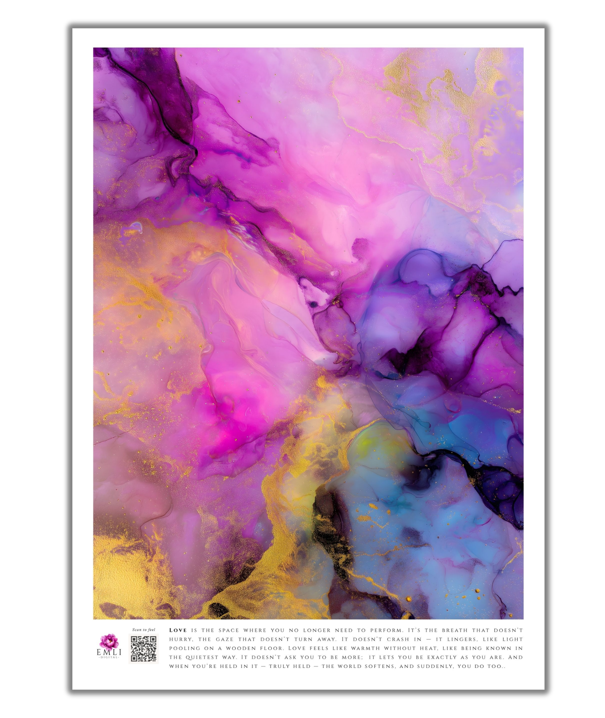 Fluid ink print in fuchsia, gold and lavender — this marbled digital artwork blends softness and energy, like love blooming in unexpected places.