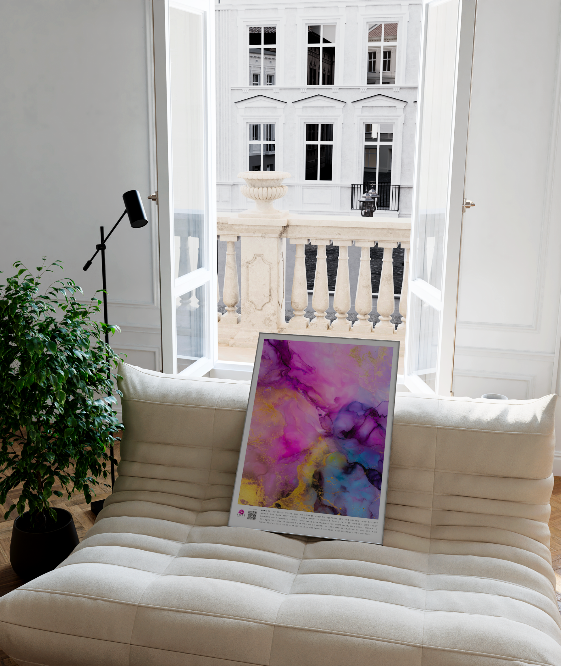 Fluid ink print in fuchsia, gold and lavender — this marbled digital artwork blends softness and energy, like love blooming in unexpected places.