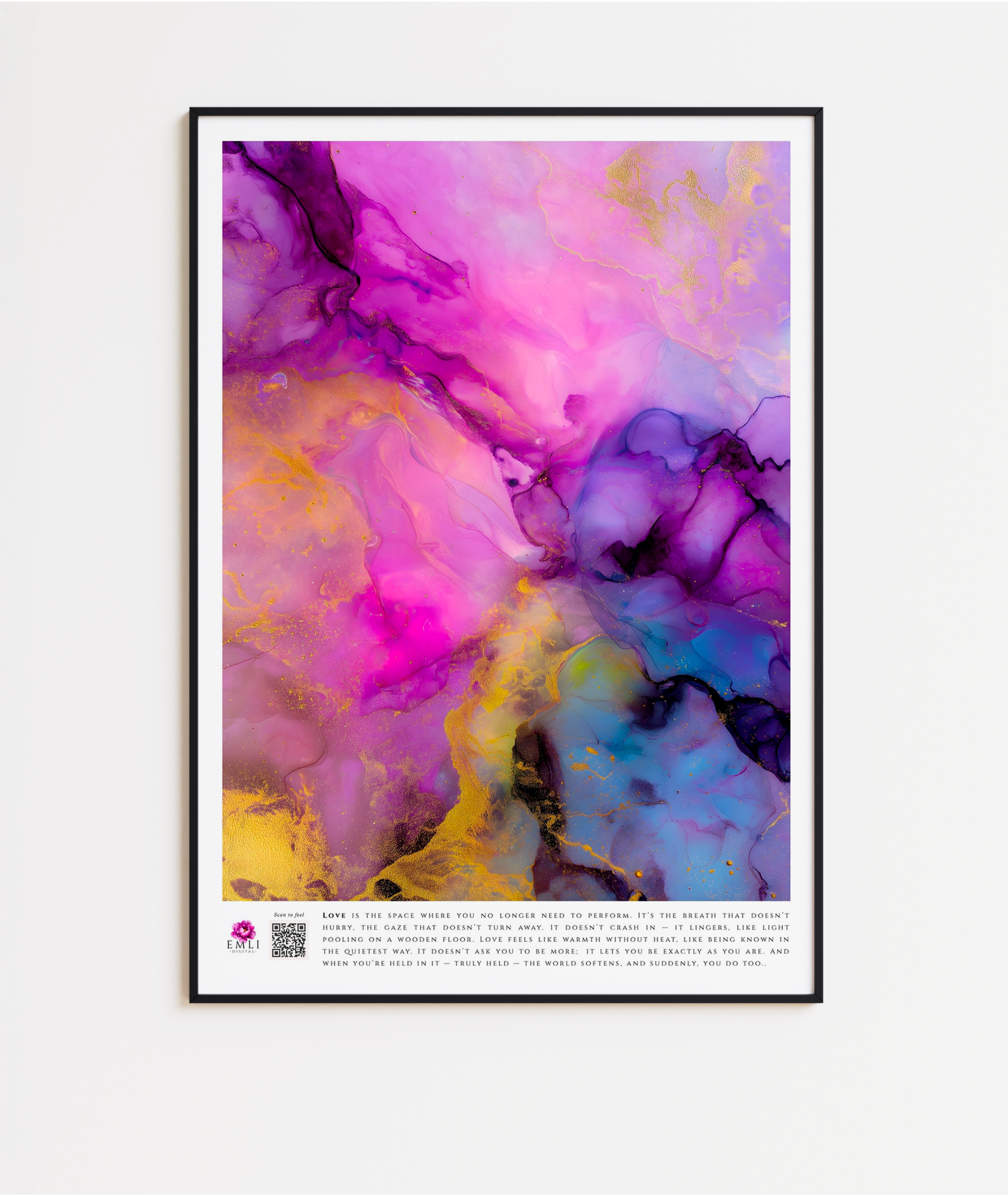 Fluid ink print in fuchsia, gold and lavender — this marbled digital artwork blends softness and energy, like love blooming in unexpected places.