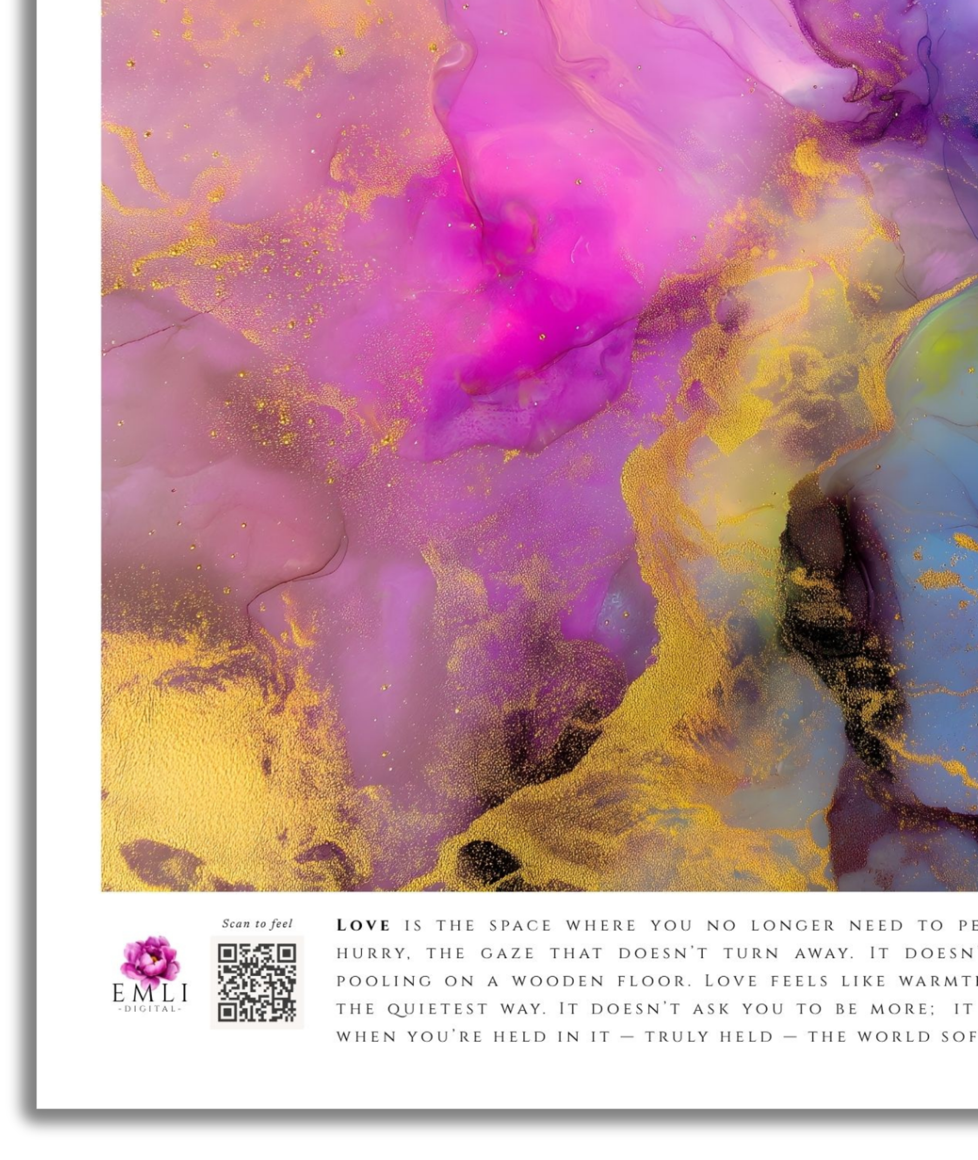 Fluid ink print in fuchsia, gold and lavender — this marbled digital artwork blends softness and energy, like love blooming in unexpected places.