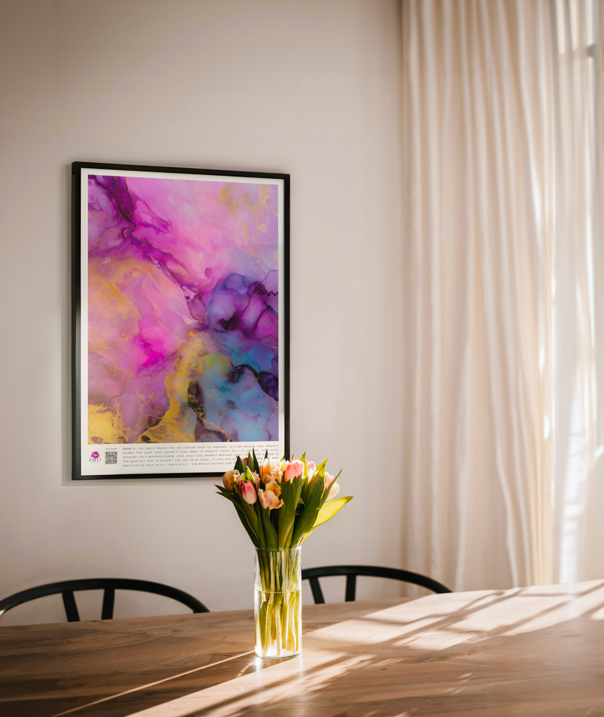 Fluid ink print in fuchsia, gold and lavender — this marbled digital artwork blends softness and energy, like love blooming in unexpected places.