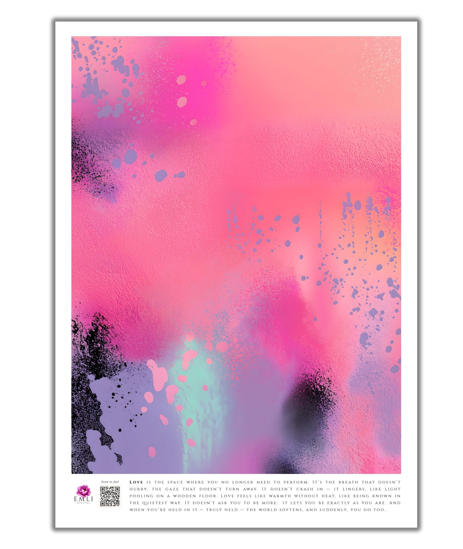 Vibrant abstract digital painting in coral, rose and black — delicate speckles and sweeping textures create a playful, emotionally rich visual experience.