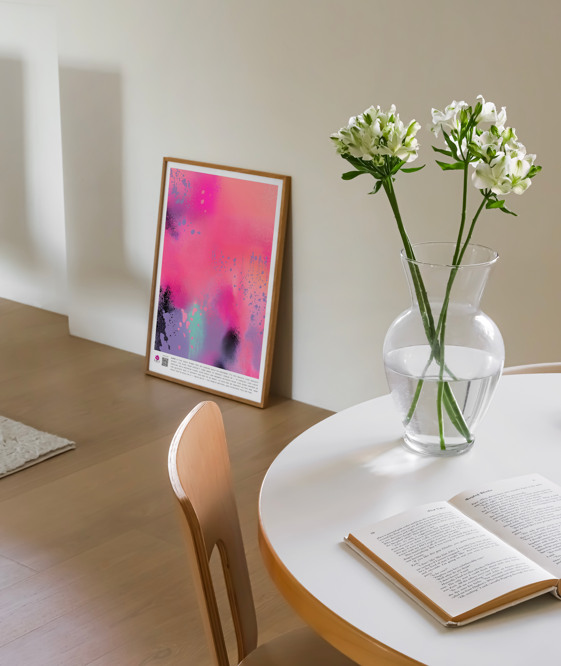 Vibrant abstract digital painting in coral, rose and black — delicate speckles and sweeping textures create a playful, emotionally rich visual experience.