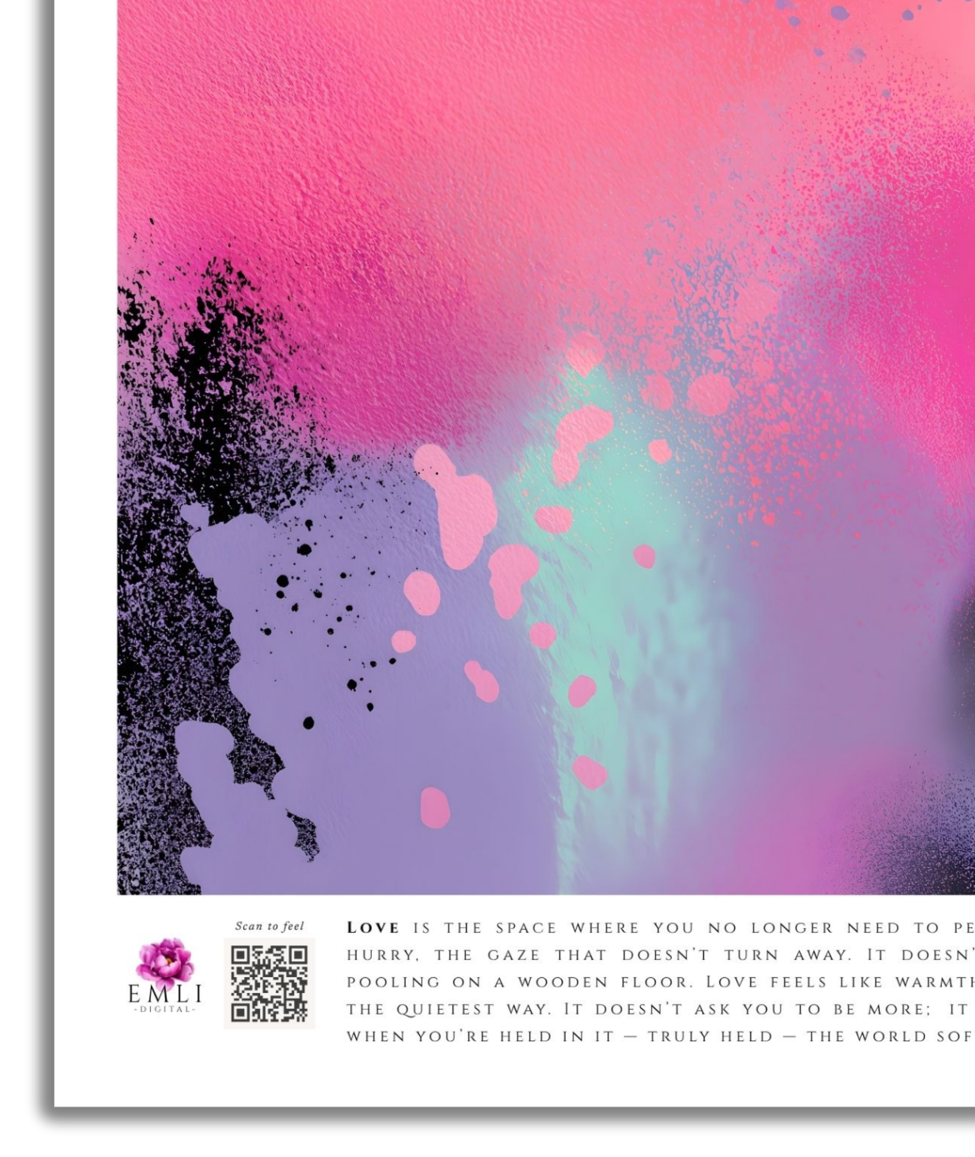 Vibrant abstract digital painting in coral, rose and black — delicate speckles and sweeping textures create a playful, emotionally rich visual experience.