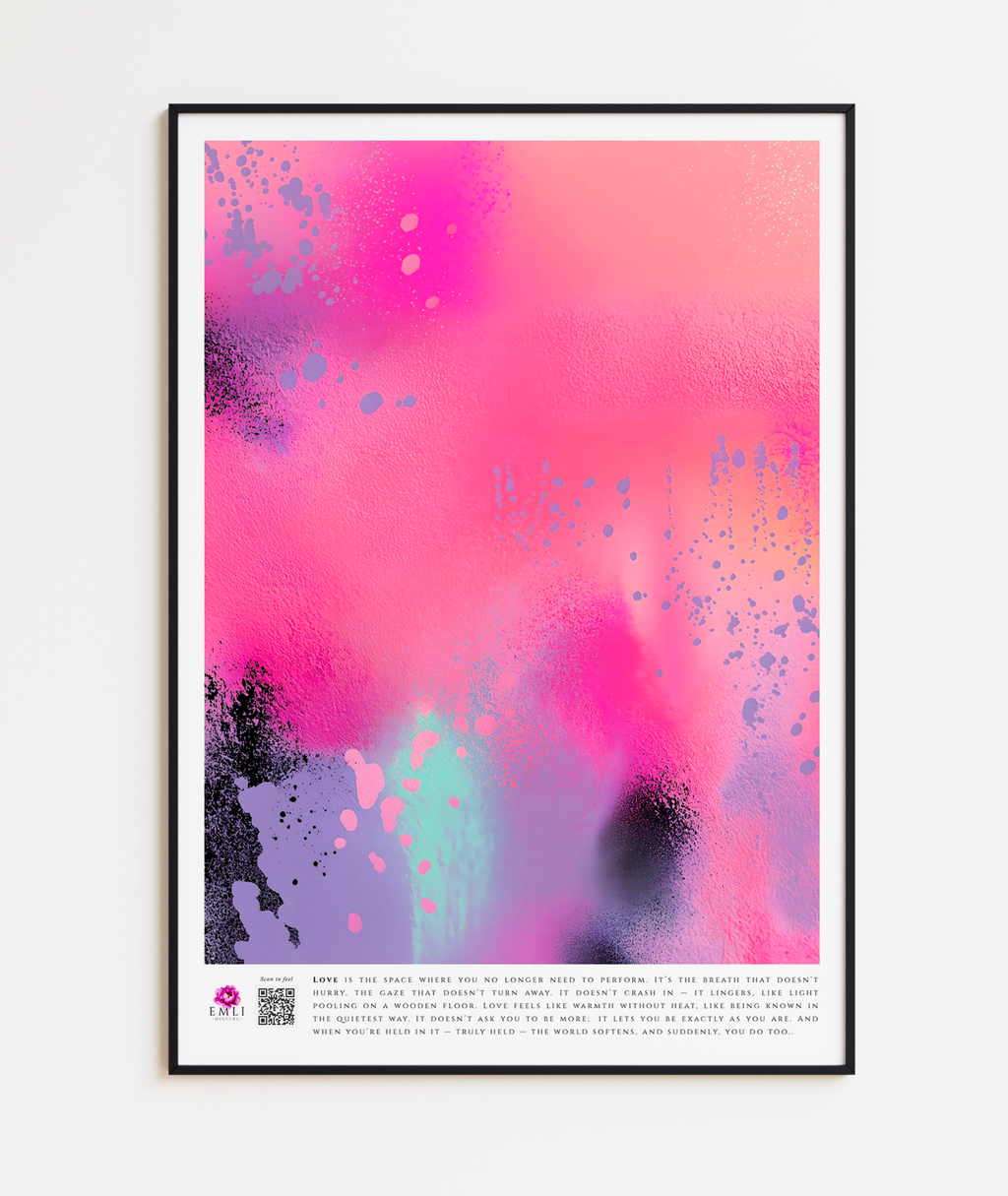 Vibrant abstract digital painting in coral, rose and black — delicate speckles and sweeping textures create a playful, emotionally rich visual experience.