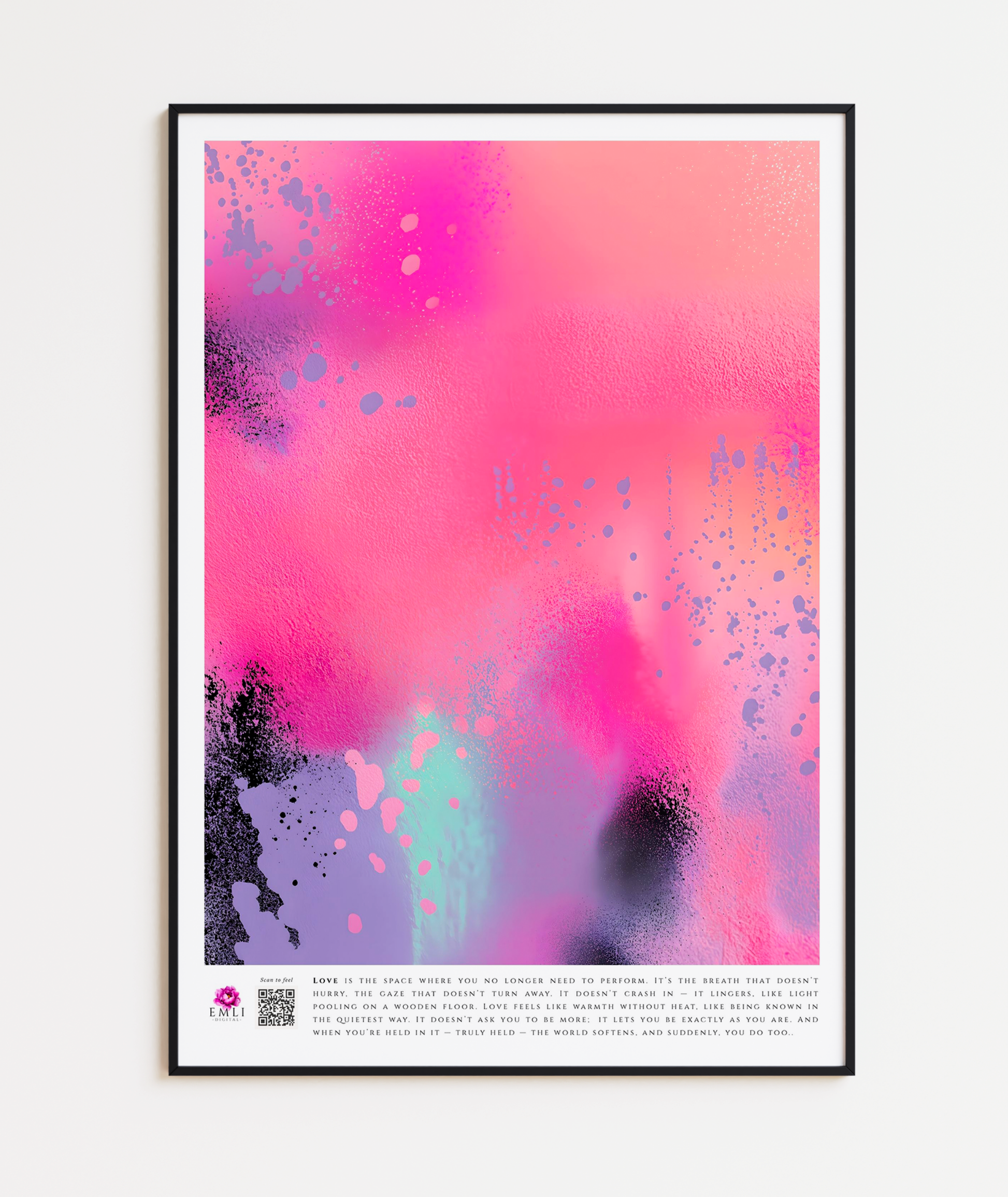 Vibrant abstract digital painting in coral, rose and black — delicate speckles and sweeping textures create a playful, emotionally rich visual experience.