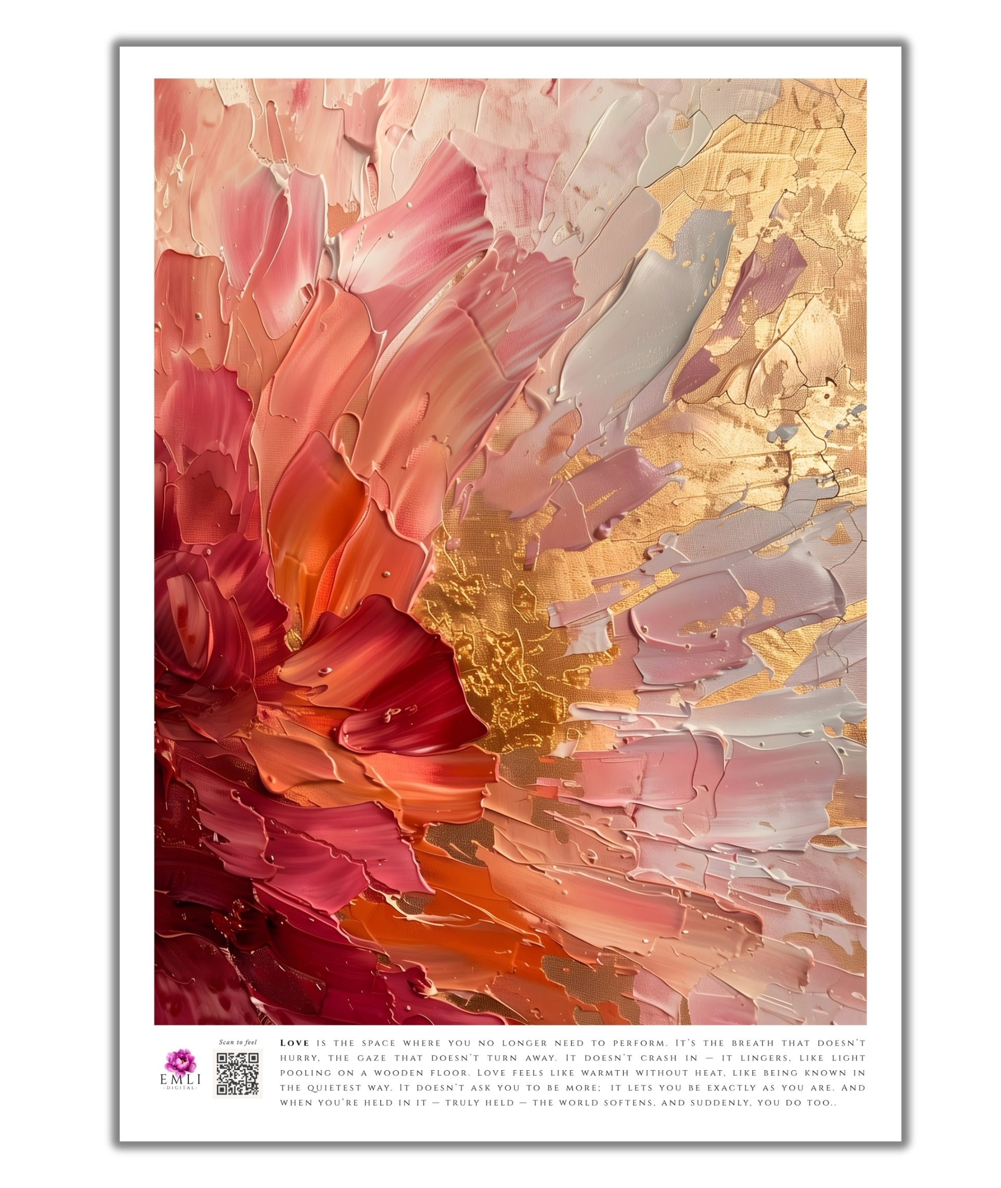 Digital print with textured floral in crimson, blush and gold — expressive brushstrokes and bold palette evoke raw emotion and romantic strength.
