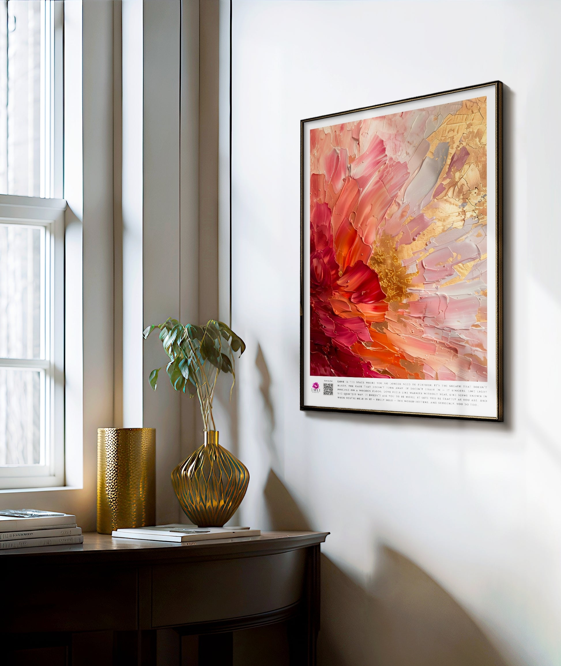 Digital print with textured floral in crimson, blush and gold — expressive brushstrokes and bold palette evoke raw emotion and romantic strength.