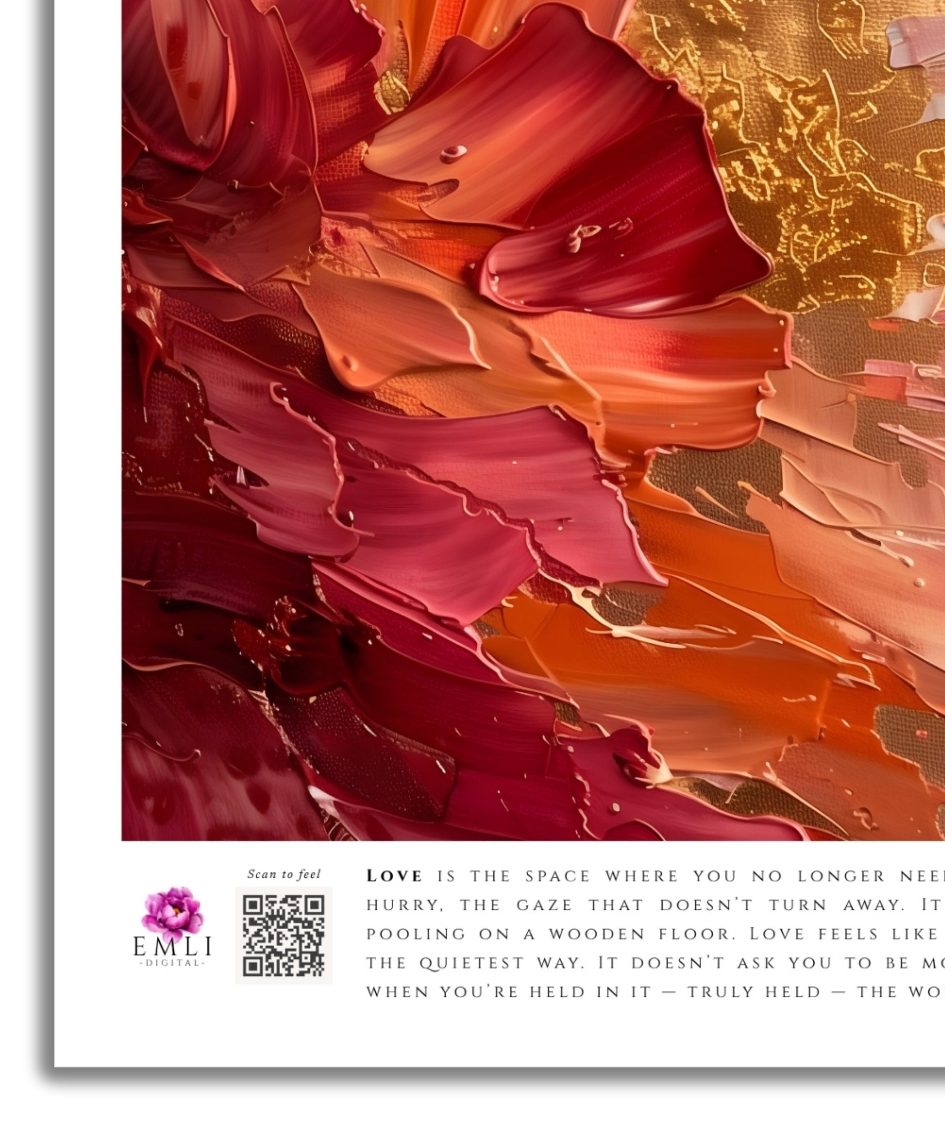 Digital print with textured floral in crimson, blush and gold — expressive brushstrokes and bold palette evoke raw emotion and romantic strength.