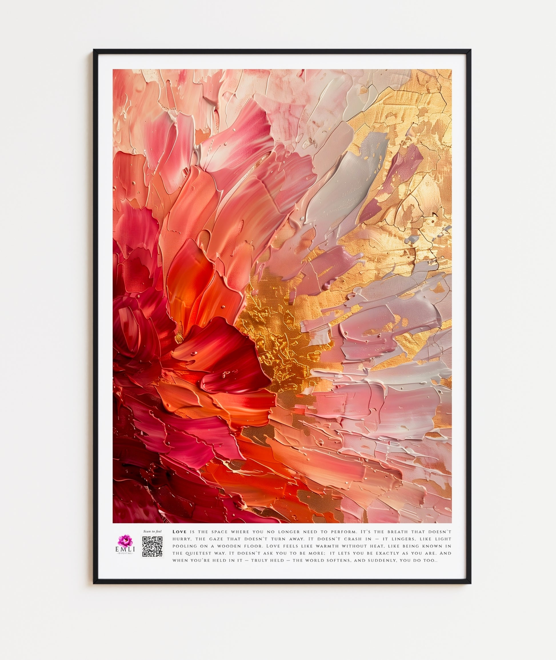 Digital print with textured floral in crimson, blush and gold — expressive brushstrokes and bold palette evoke raw emotion and romantic strength.