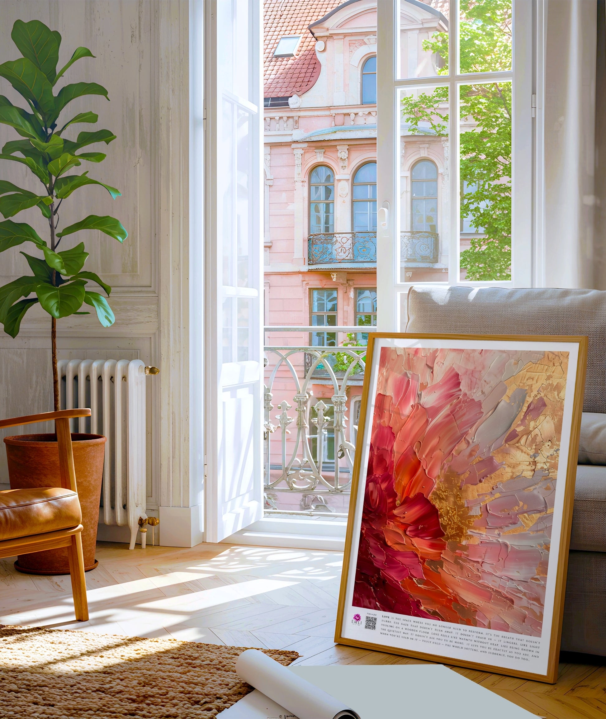Digital print with textured floral in crimson, blush and gold — expressive brushstrokes and bold palette evoke raw emotion and romantic strength.
